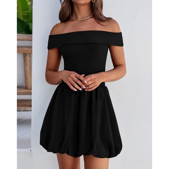 Women Summer Off Shoulder Bubble Dress Mini Sleeveless Fit Flared - Picture 6 of 8